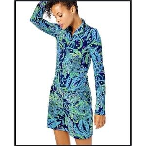 LILLY PULITZER Luxletic Nassau 1/4 Zip Dress Women XL Tropical UPF 50 Catty Blue